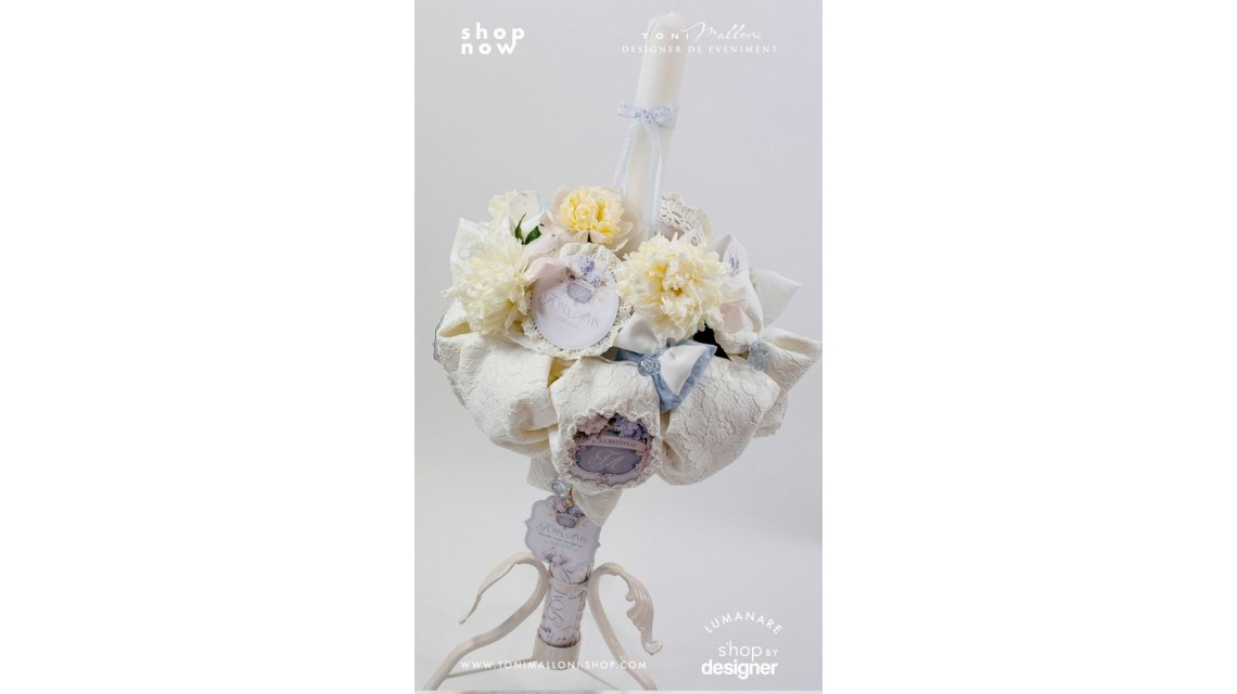Lumânare de Botez Delicate Peony Bujori Albi Naturali și Personalizare Exclusivă 1